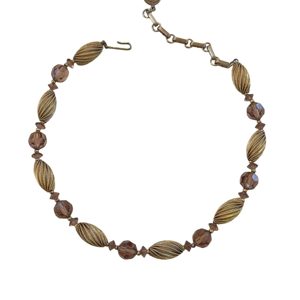 Vintage‎ Lisner Gold Tone Ribbed Bead and Smoky Topaz Glass Choker Necklace